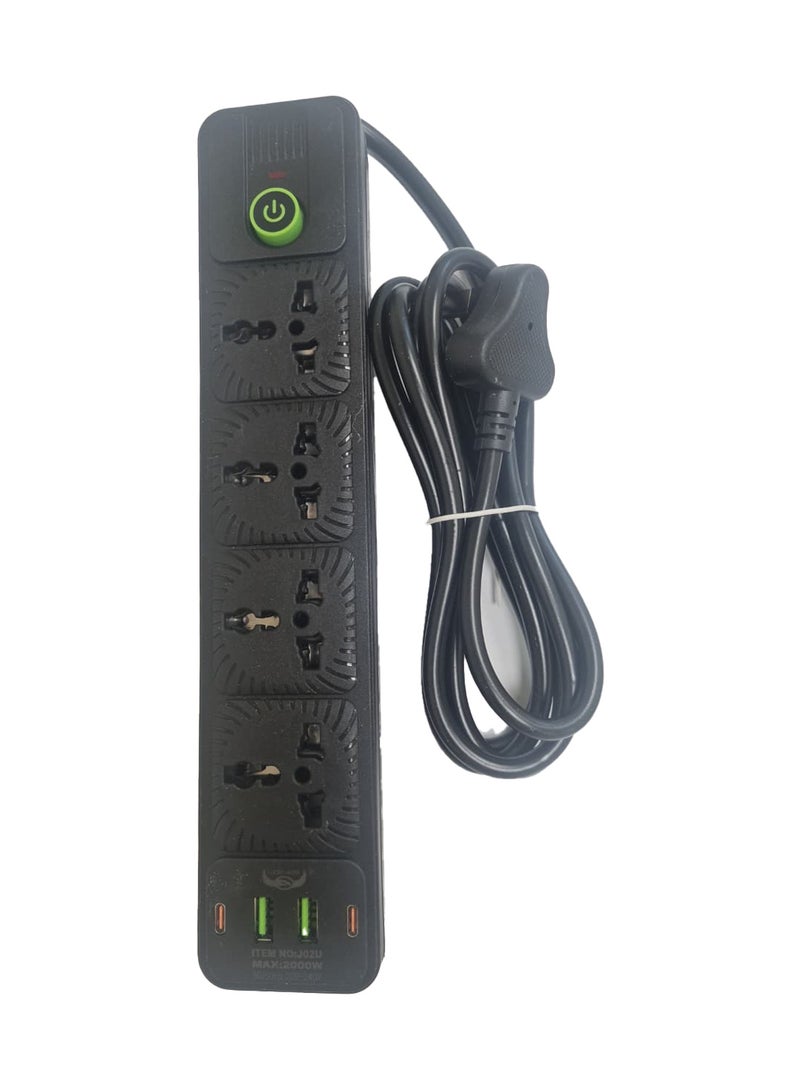 Lucky Hawk شريط تمديد الطاقة مع USB C و Micro USB، 4 منافذ 3 دبابيس، 2 منفذ PD Type-C و 2 منفذ Micro USB، 2500 واط، شريط طاقة مقاوم للاشتعال حتى 750 درجة مئوية مع مفتاح، سلك تمديد بطول 2 متر، محطة شحن مثبتة على الحائط باللون الأسود - Image 1